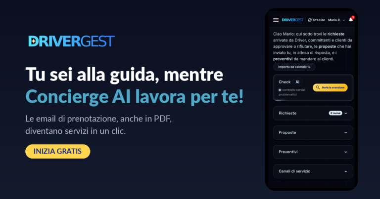 Tu sei alla guida, mentre Concierge AI lavora per te: le email di prenotazione NCC diventano servizi in DRIVERGEST