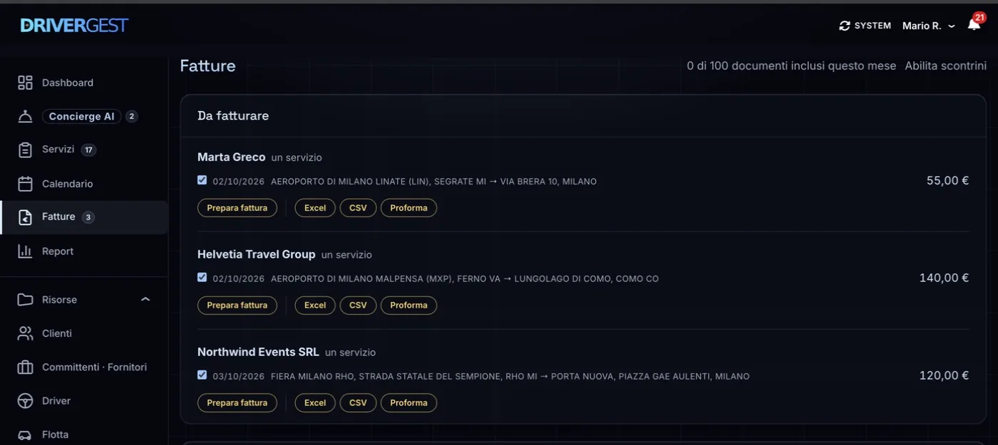 DRIVERGEST, Fatture: I servizi chiusi diventano fatture. Allo SdI, da qui