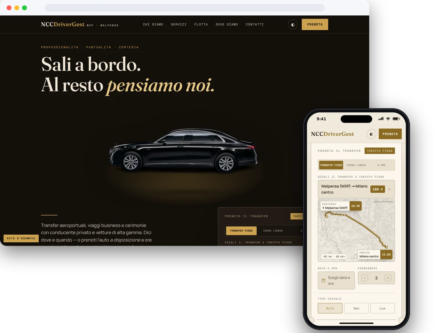 Sito NCC d'esempio in tema scuro sul computer e in tema chiaro sul telefono, con il modulo di prenotazione collegato a DRIVERGEST