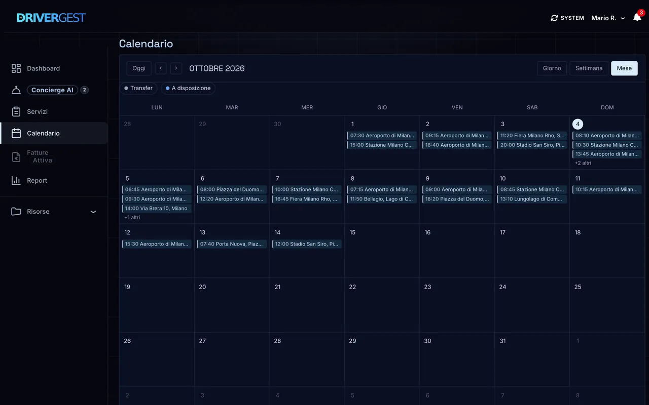 Il calendario mensile dei servizi NCC nel gestionale DRIVERGEST